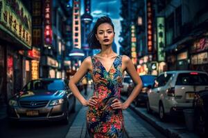 une femme des stands dans une rue dans shanghaï. ai généré photo