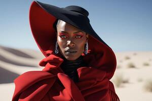 une femme dans une rouge manteau et une noir chapeau des stands dans le désert. ai généré photo