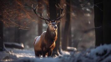 une cerf dans une neigeux forêt avec une neigeux Contexte. ai généré photo