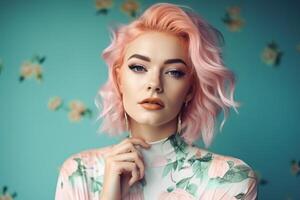 une femme avec rose cheveux et une floral chemise. ai généré photo