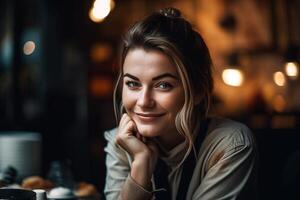 une femme est assis dans une café et sourit à le caméra. ai généré photo