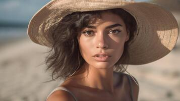 portrait de magnifique Jeune femme dans paille chapeau posant sur le plage. ai généré photo