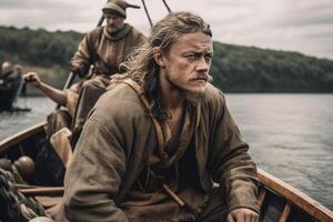 une homme dans une bateau avec longue cheveux et une longue barbe est assis dans une bateau. ai généré photo