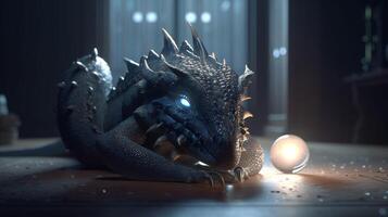 une dragon avec bleu yeux et une lumière ampoule sur le sol. ai généré photo