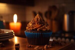 une petit gâteau avec Chocolat Glaçage et une bougie dans le Contexte. ai généré photo