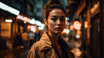 une femme des stands dans une rue à nuit, portant une marron veste. ai généré photo