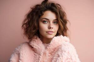 une femme dans une rose fourrure manteau avec une bleu œil. ai généré photo