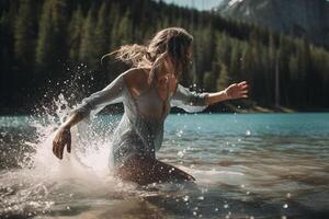 Jeune femme éclabousser l'eau sur le rive de une Montagne lac. ai généré photo