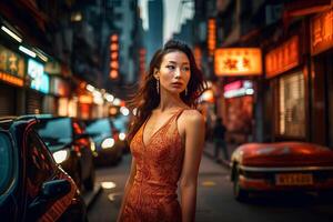 une femme des stands dans une rue dans shanghaï. ai généré photo