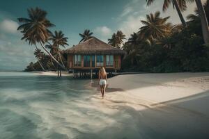 une femme des promenades dans une tropical île avec une maison sur le eau.. ai généré photo