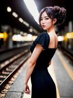 magnifique asiatique femme à salut la vitesse train gare, génératif ai photo