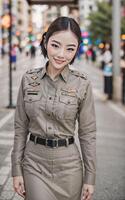 magnifique asiatique Thaïlande police femme à rue, génératif ai photo