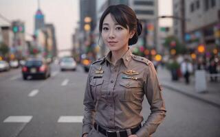 portrait de magnifique thaïlandais asiatique police femme portant uniforme, génératif ai photo