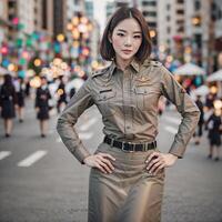 magnifique asiatique Thaïlande police femme à rue, génératif ai photo