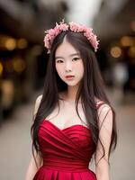 magnifique adolescent asiatique femme affectation pour image à le centre commercial, génératif art par ai photo