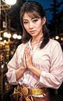 asiatique femme faire sawasdee ou prière pose à le marché, génératif ai photo