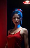 magnifique asiatique femme dans Haut robe avec mixte Couleur bleu et rouge lumière, génératif ai photo