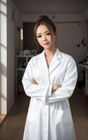 asiatique femme chercheur scientifique portant laboratoire manteau, génératif ai photo