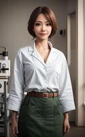 asiatique femme chercheur scientifique portant laboratoire manteau, génératif ai photo