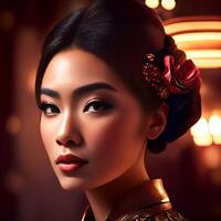 magnifique asiatique femme à le nuit faire la fête, génératif art par ai photo