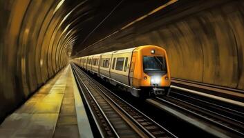 une train excès de vitesse par une tunnel avec mouvement. génératif ai photo