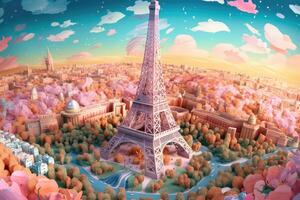 multi dimensionnel papier Kirigami artisanat, papier art, Paris France Eiffel la tour illustration. génératif ai photo