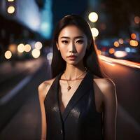 magnifique asiatique femme à le rue, génératif art par ai photo