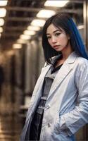 scientifique chercheur asiatique femme portant laboratoire manteau à laboratoire, génératif ai photo