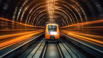 une train excès de vitesse par une tunnel avec mouvement. génératif ai photo