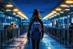 une femme en marchant dans un aéroport avec une sac à dos. retour vue photo. génératif ai photo