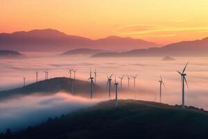 vent turbines dans le montagnes à le coucher du soleil. génératif ai photo