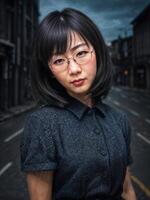 portrait de magnifique asiatique femme dans décontractée tenue à nuit, génératif ai photo