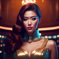 magnifique asiatique femme à le nuit faire la fête, génératif art par ai photo