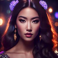 magnifique asiatique femme à le nuit faire la fête, génératif art par ai photo