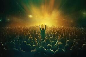 Ventilateurs agitant mains dans une concert à nuit photo. génératif ai photo