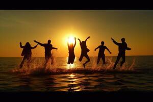 Jeune groupe de gens sauter dans le air à plage. génératif ai photo