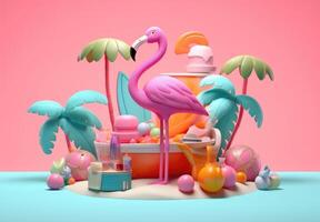 3d flamant avec plage accessoires et crème solaire sur le l'eau. génératif ai photo