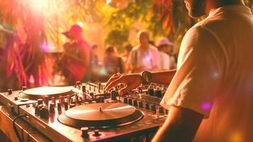 dj en jouant la musique sur une plaque tournante dans de face de une foule à festival, fermer photo. génératif ai photo