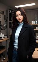 asiatique femme chercheur scientifique portant laboratoire manteau, génératif ai photo