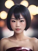 magnifique adolescent asiatique femme à le rue nuit, génératif art par ai photo