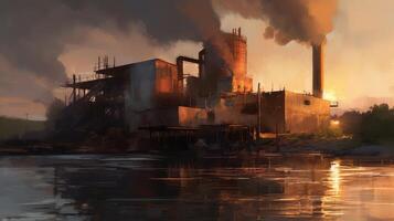 un industriel site à le coucher du soleil avec l'eau et fumée. photo cette dessine attention à air pollution. génératif ai