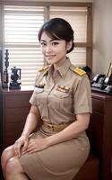 asiatique femme thaïlandais prof à école dans kaki costume uniforme, génératif ai photo