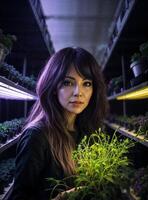 magnifique femme à LED verticale agriculture usine, génératif ai photo