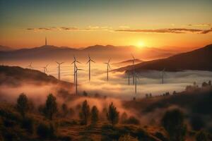 vent turbines dans le montagnes à le coucher du soleil. génératif ai photo