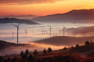 vent turbines dans le montagnes à le coucher du soleil. génératif ai photo