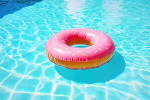 rose Donut flotte dans nager bassin. génératif ai photo