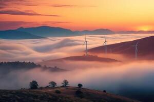 vent turbines dans le montagnes à le coucher du soleil. génératif ai photo