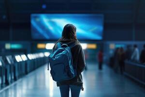 une femme en marchant dans un aéroport avec une sac à dos. retour vue photo. génératif ai photo