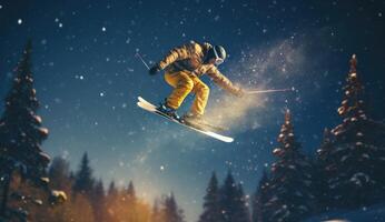 skieur sauter sur une neigeux Montagne. génératif ai photo