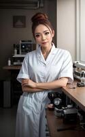 asiatique femme chercheur scientifique portant laboratoire manteau, génératif ai photo